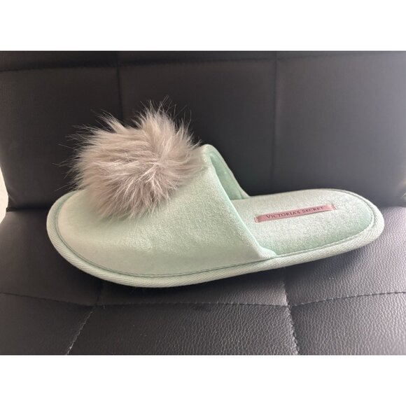 Victoria’s Secret Teal Fuzzy Soft Pom Pom Slippers Sandal Teal Gray Size M (7/8) - Picture 6 of 6
